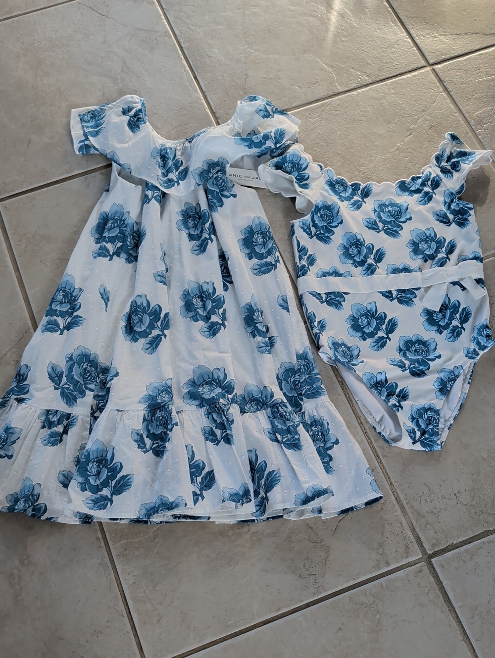 Janie and Jack Girl Size 10 White Dress with Blue Floral With Blue Swimsuit Set